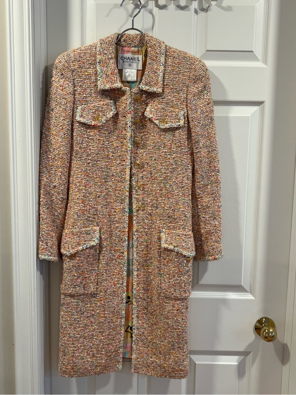 CHANEL Multicolor Tweed Long Trench Coat in Peach and Pastel Flecks